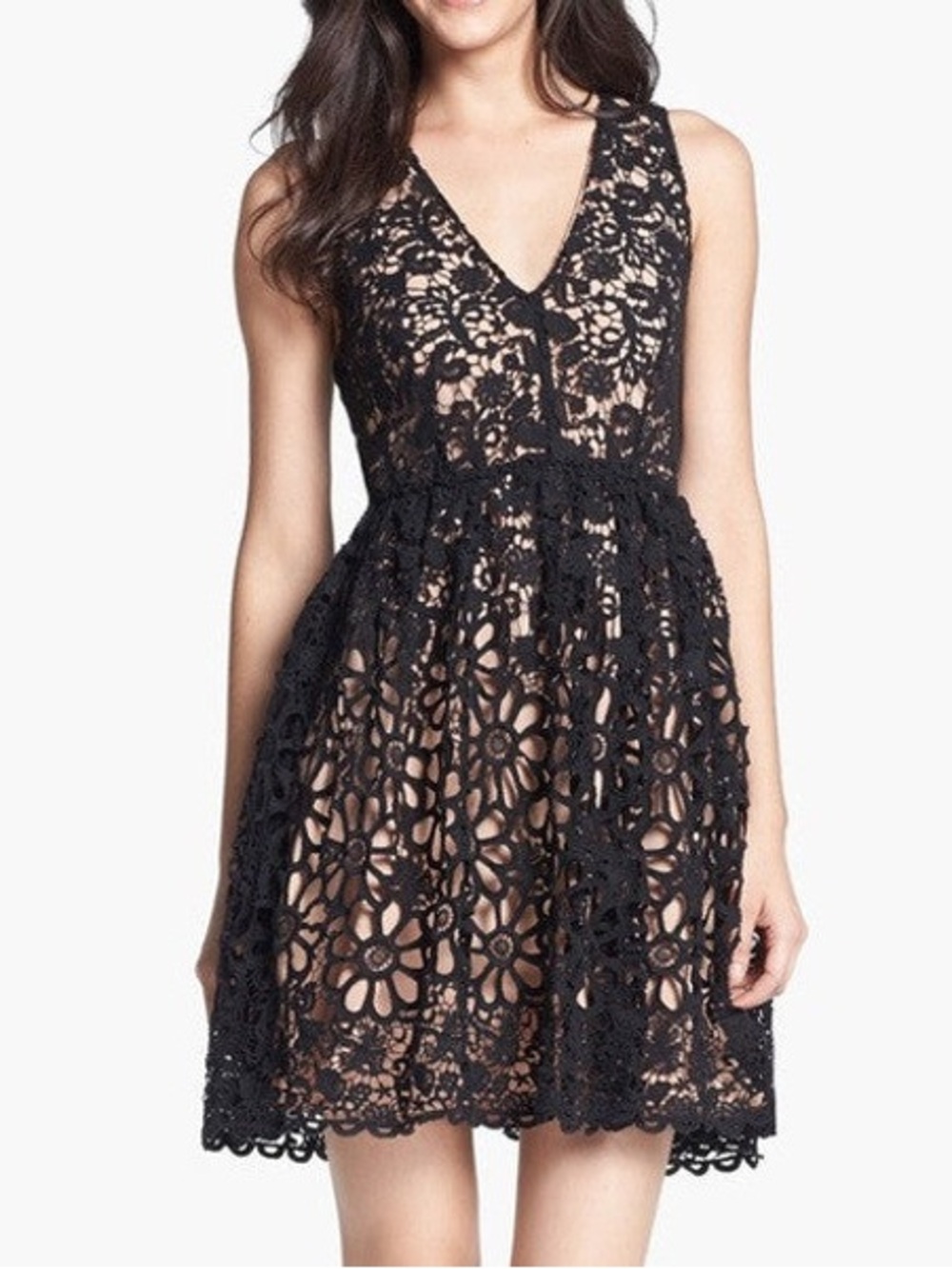 French Connection Black Floral Lace V-Neck Dress
